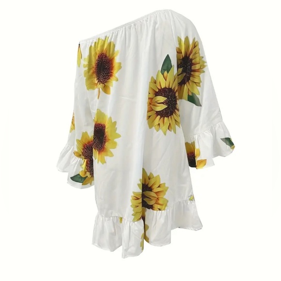 Sunflower Print Bell Sleeve Ruffle Hem Swing Dress - Picture 2 of 5